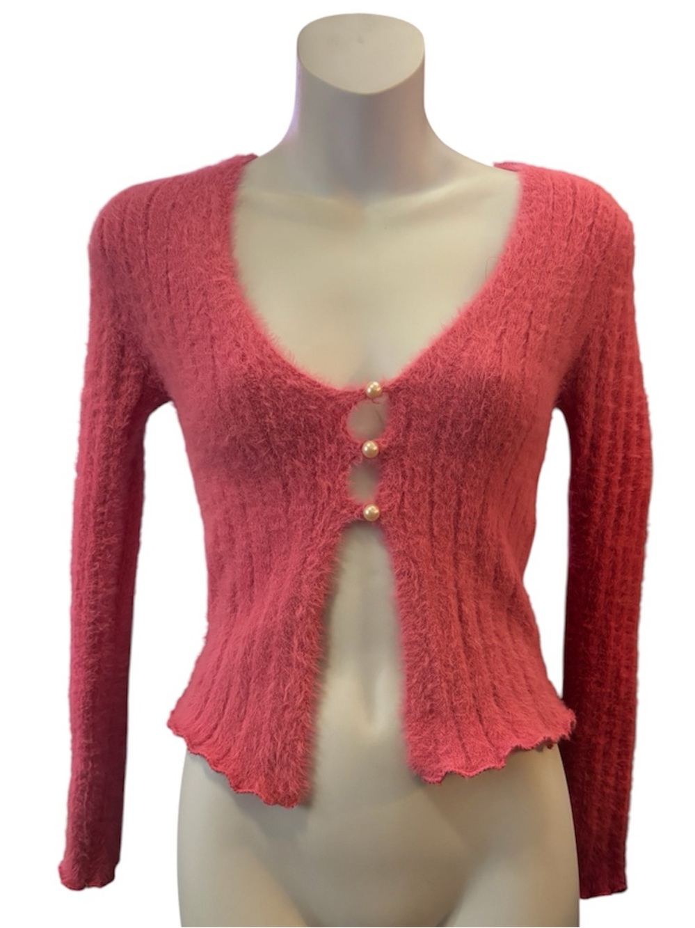 Y2K Women's Pink Fuzzy V-Neck Cardigan Sweater